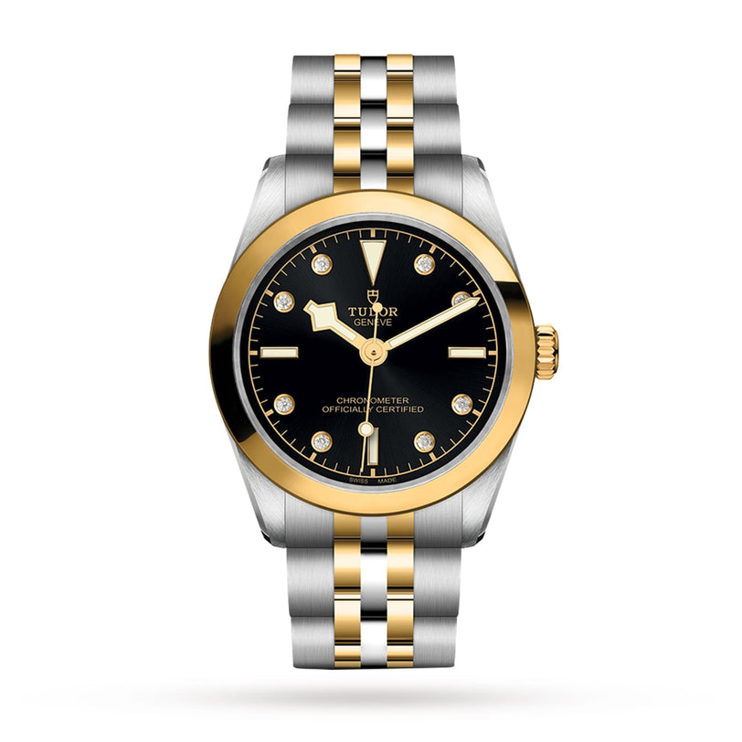 The TUDOR Black Bay One 31 S&G is a two-tone gold and silver wristwatch featuring a black dial with diamond hour markers.
