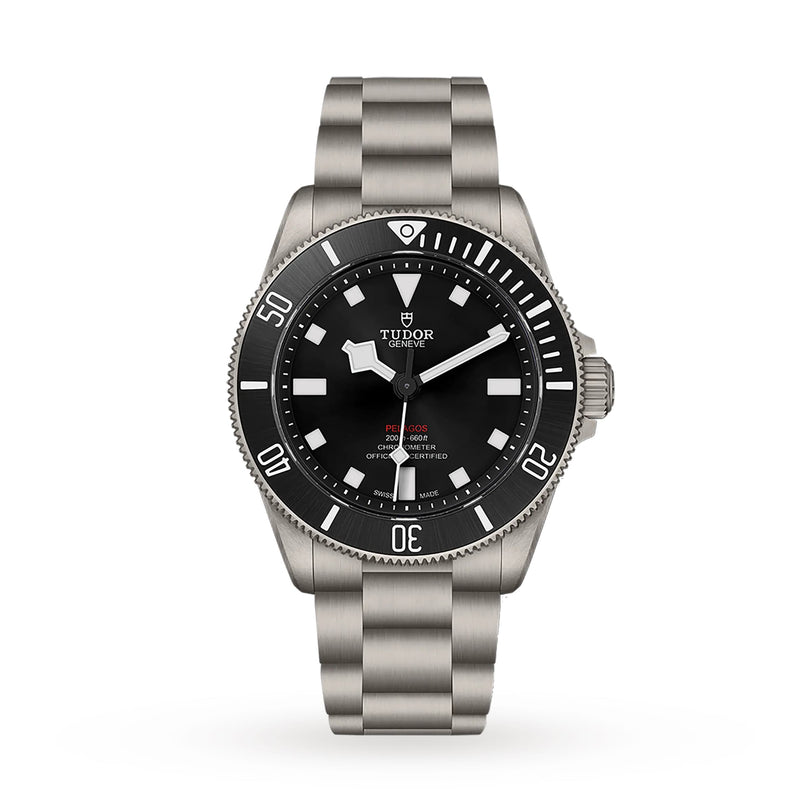 The TUDOR Pelagos 39 is a stainless steel professional dive watch featuring a black dial, white markers, rotating bezel, and metal bracelet, shown against a plain white background.