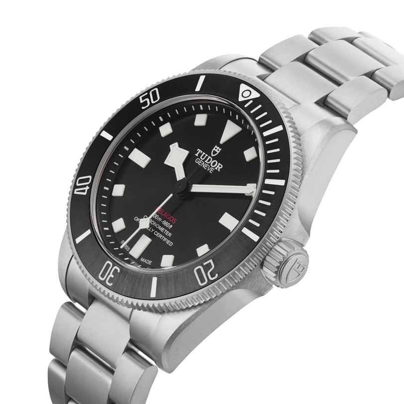 A TUDOR Pelagos 39 dive watch in stainless steel, featuring a black dial, luminous markers, and a rotating bezel, displayed at an angle.