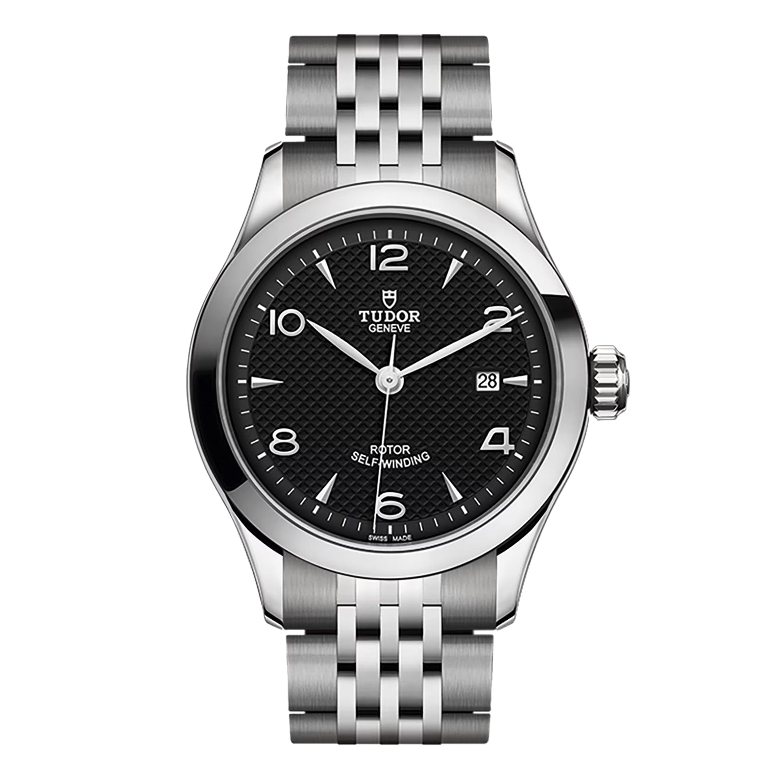 The TUDOR 1926 is a stainless steel watch featuring a black textured dial with Arabic numerals, a date window at 3 o’clock, and a silver link bracelet—blending classic elegance with modern craftsmanship.