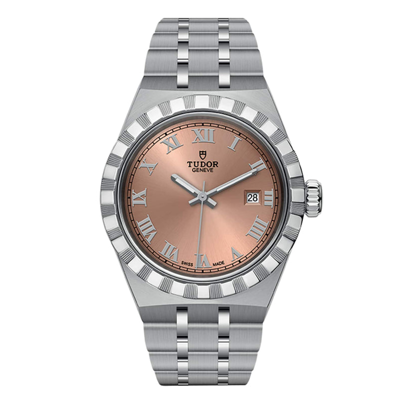 The TUDOR Royal is a sport-chic stainless steel watch with a salmon dial, Roman numerals, automatic movement, date at 3 o’clock, and an integrated metal bracelet.