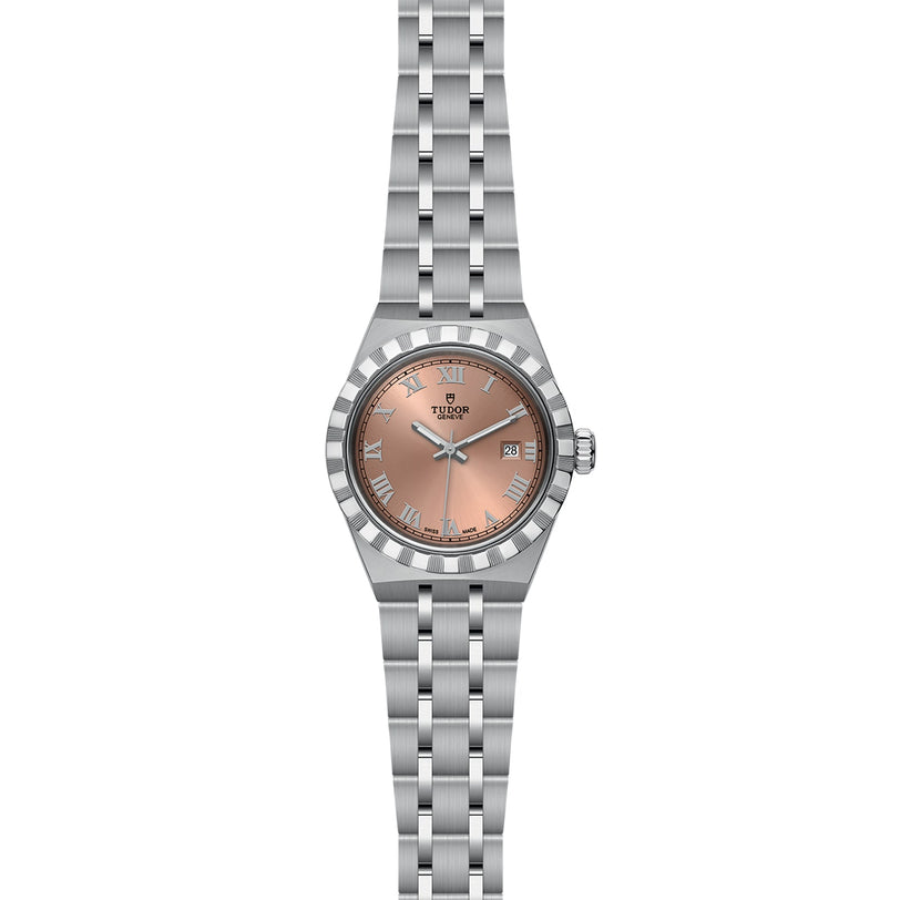 A TUDOR Royal stainless steel wristwatch featuring a pink dial with Roman numerals, sport chic design, fluted bezel, and five-link bracelet. The TUDOR brand name appears on the dial.