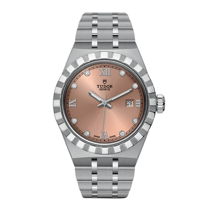 The TUDOR Royal is a sport chic wristwatch with a rose gold dial, diamond hour markers, Roman numerals, date display, automatic movement, and a stainless steel link bracelet.