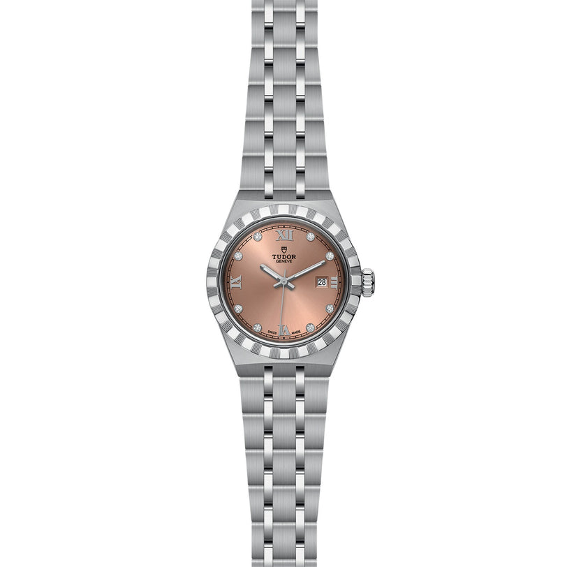 The TUDOR Royal is a sporty chic stainless steel watch with a salmon dial, Roman numerals, date at 3 o’clock, automatic movement, and a five-link bracelet inspired by the TUDOR Royal collection.