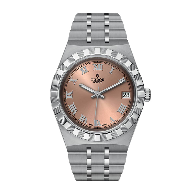 The TUDOR Royal is a stainless steel wristwatch featuring a salmon dial, Roman numerals, automatic movement, date at 3 oclock, and a fluted bezel for refined sport-chic style.