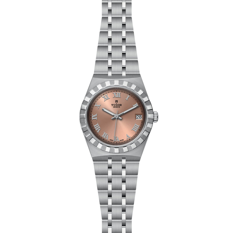 The TUDOR Royal is a stainless steel sport chic wristwatch with a salmon-colored dial, Roman numerals, automatic movement, date window at 3 o’clock, and a five-link bracelet.