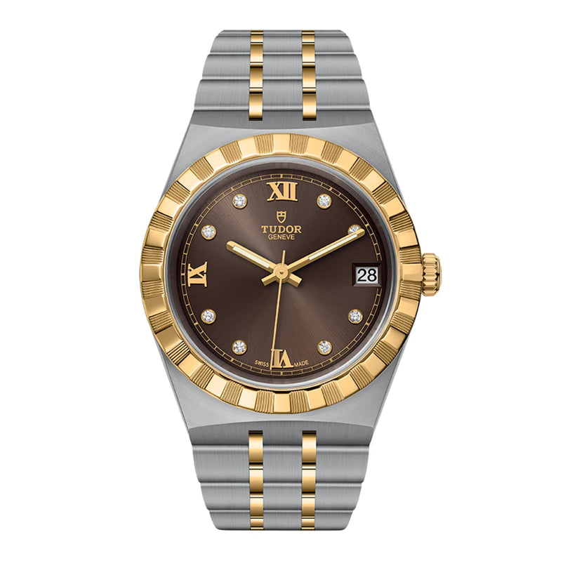 The TUDOR Royal is a sport chic wristwatch with a brown dial, gold Roman numerals, diamond hour markers, date display, automatic movement, and a two-tone stainless steel and gold bracelet.