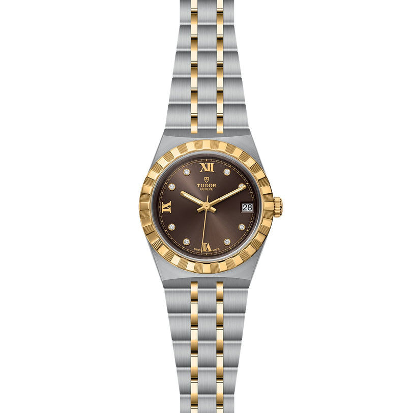 The TUDOR Royal is a sport chic two-tone wristwatch with a brown dial, gold Roman numerals, diamond hour markers, date display, automatic movement, and a gold and stainless steel bracelet and bezel.