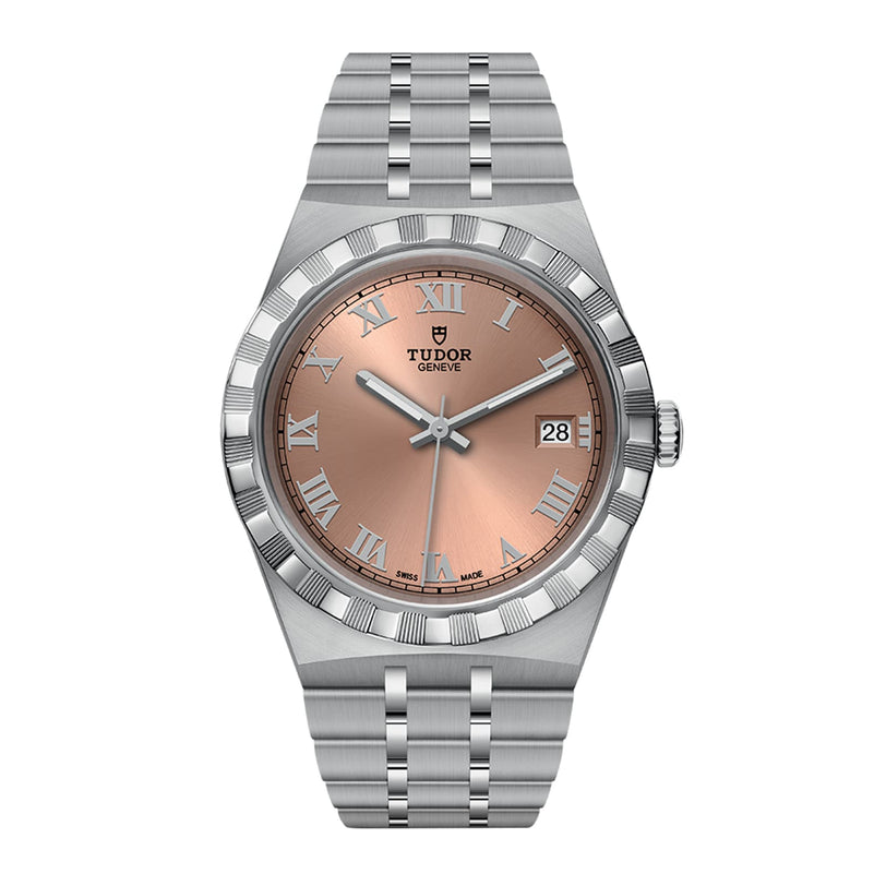 The TUDOR Royal is a silver wristwatch featuring a metal bracelet, rose-gold dial, silver Roman numerals, automatic movement, and a date display at 3 o’clock for sophisticated sport chic style.