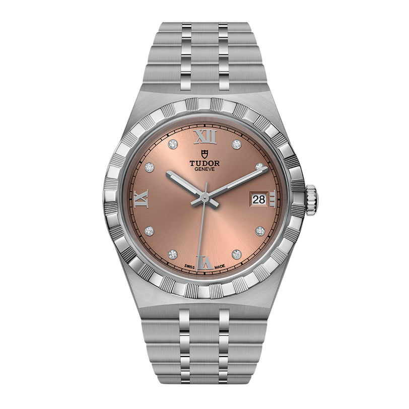 The TUDOR Royal wristwatch features a salmon dial with Roman numerals, diamond hour markers, automatic movement, and a date display at 3 oclock.