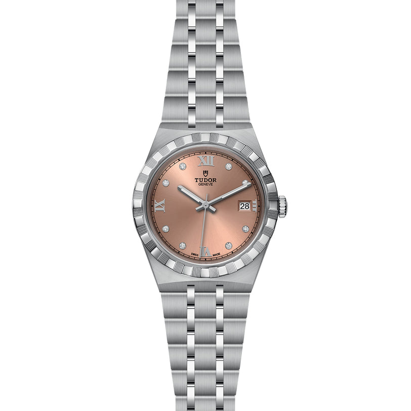 A TUDOR Royal wristwatch featuring a pink dial with Roman numerals, diamond hour markers, date window at 3 o’clock, diamond-set bezel, and a stainless steel link bracelet.