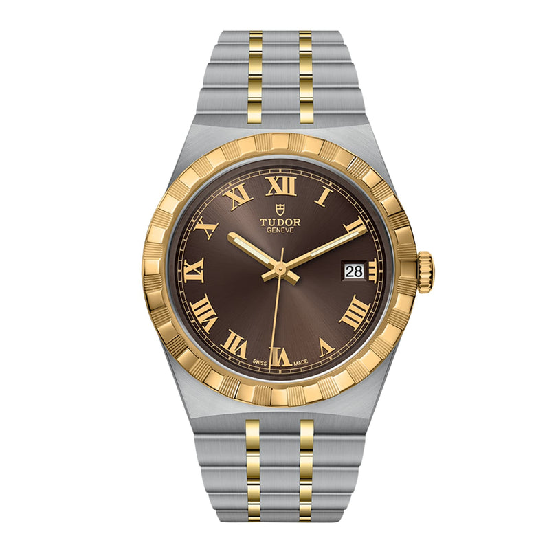 The TUDOR Royal is a sporty-chic two-tone watch featuring a gold bezel, brown dial with Roman numerals, automatic movement, date at 3 oclock, and a silver-and-gold metal bracelet.