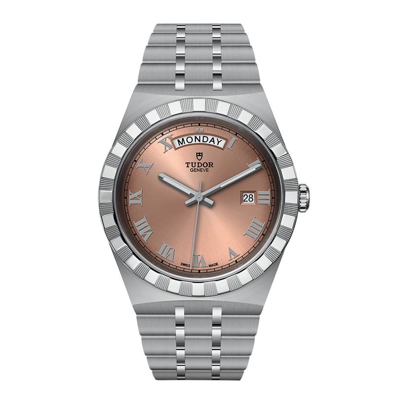 The TUDOR Royal wristwatch features a silver case, salmon dial with Roman numerals, sport chic design, automatic movement, day display at 12 o’clock, and date display at 3 o’clock.
