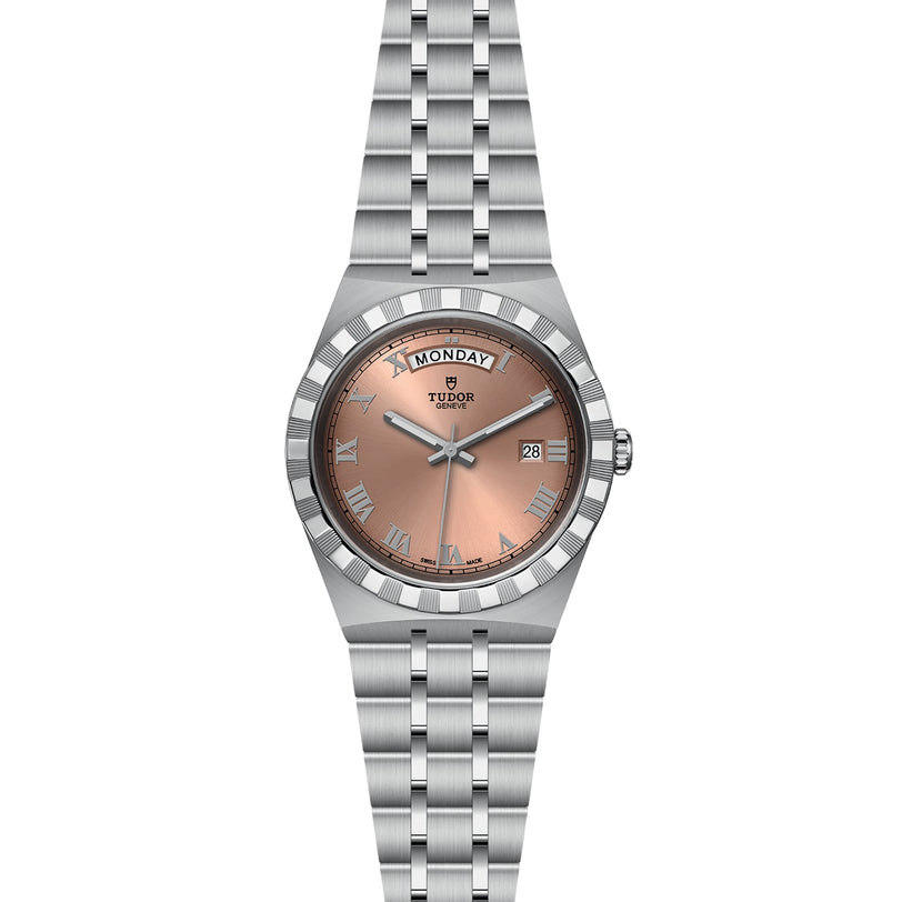 The TUDOR Royal is a stainless steel wristwatch featuring a pink dial with Roman numerals, day and date display, five-link bracelet, and automatic movement for a sport chic look.