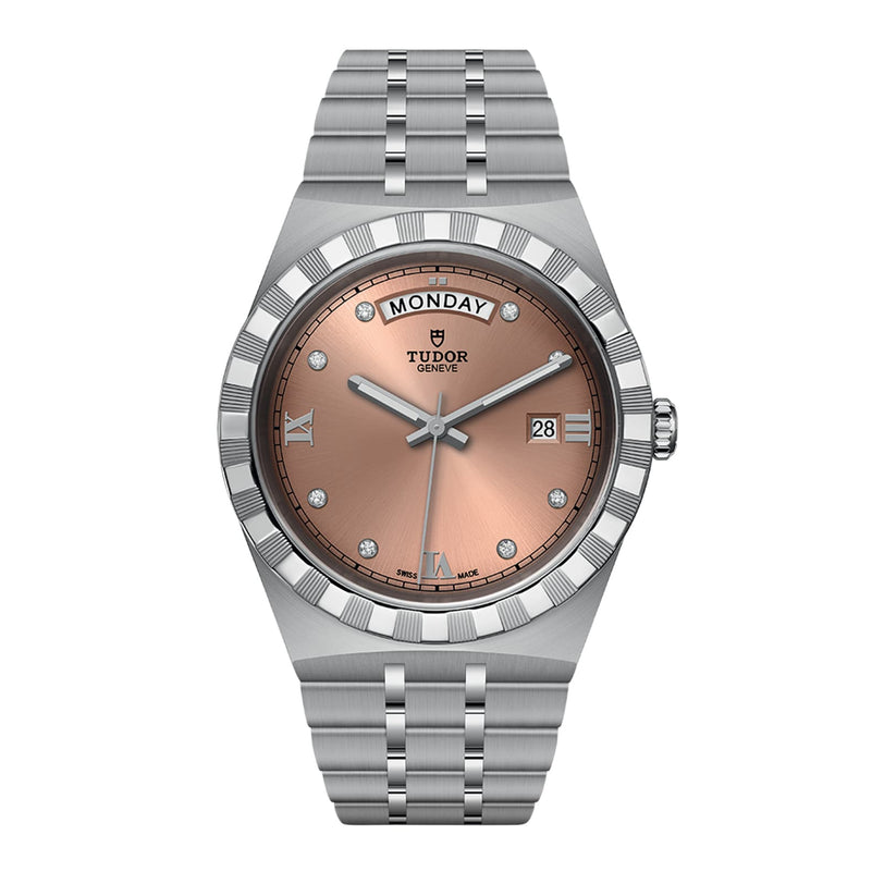 The TUDOR Royal is a sport chic wristwatch with a salmon dial, diamond hour markers, Roman numerals, a diamond-set bezel, and day-date display.