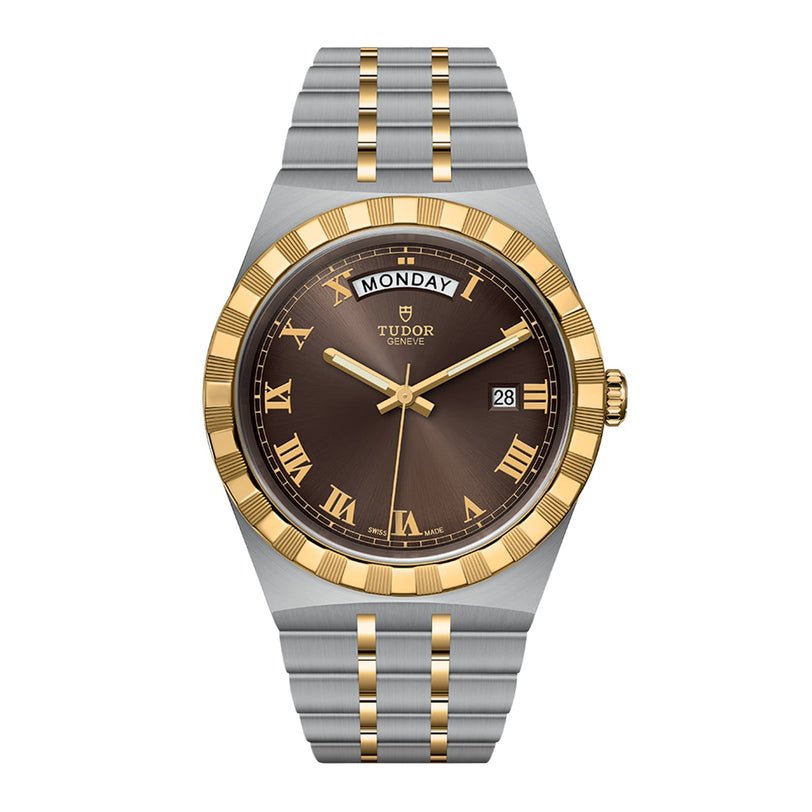 The TUDOR Royal features a two-tone metal band, brown dial with gold Roman numerals, automatic movement, day window at 12 o’clock, and date window at 3—classic elegance meets sporty chic.