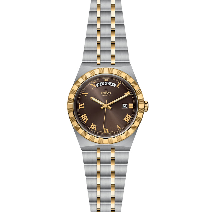 The TUDOR Royal is a sporty chic two-tone wristwatch featuring a brown dial, gold Roman numerals, day-date display, automatic movement, and a silver-gold metal bracelet.