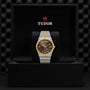 A TUDOR Royal wristwatch with a brown dial, gold accents, and automatic movement is shown in an open black box displaying the TUDOR logo on the inside lid.