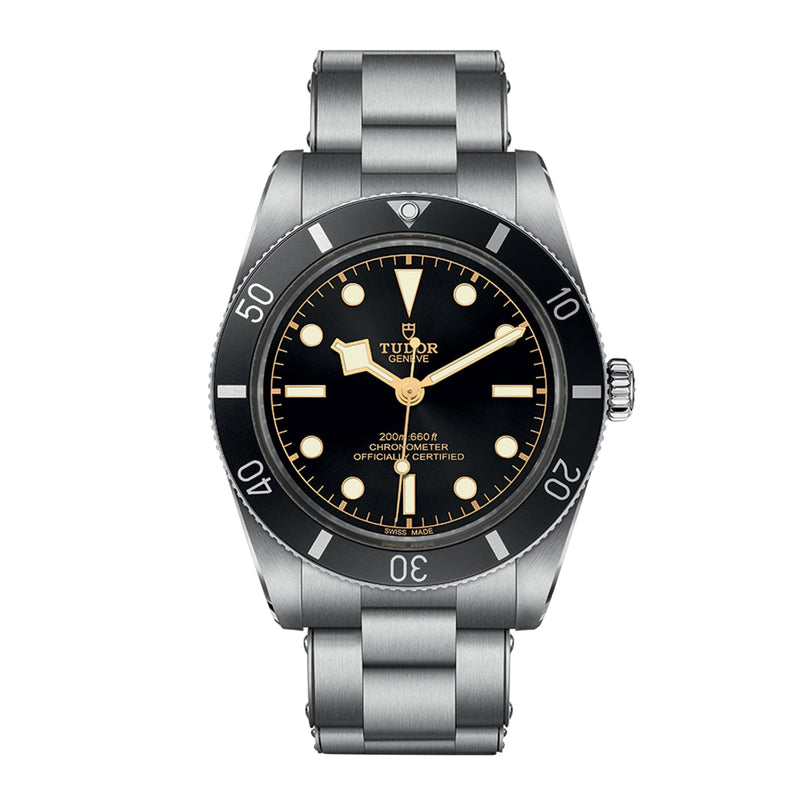 A TUDOR Black Bay 54 wristwatch in stainless steel with a black dial and rotating bezel, shown at 10:12.