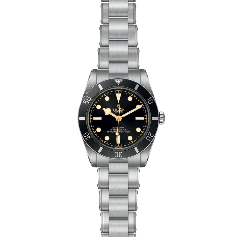 The TUDOR Black Bay 54 is a stainless steel dive watch featuring a black rotating bezel, black dial, luminescent hour markers, silver hands, and a metal link bracelet, powered by the Manufacture Calibre MT5400.