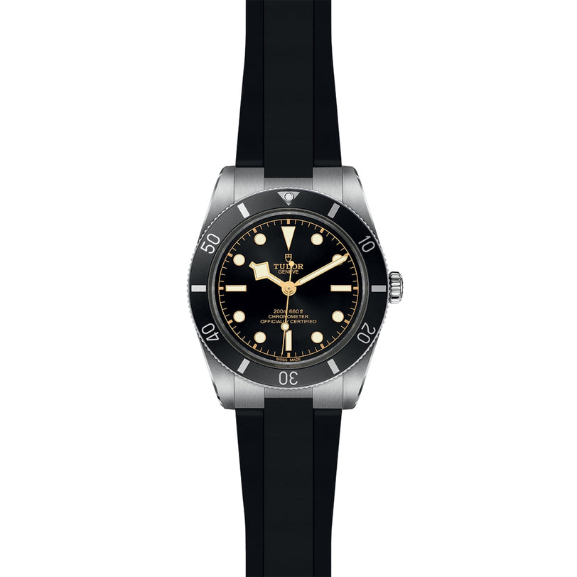 The TUDOR Black Bay 54 dive watch features a black bezel, black dial with luminous markers, and a black rubber strap. Its powered by the Manufacture Calibre MT5400 and displays the time as 10:09.