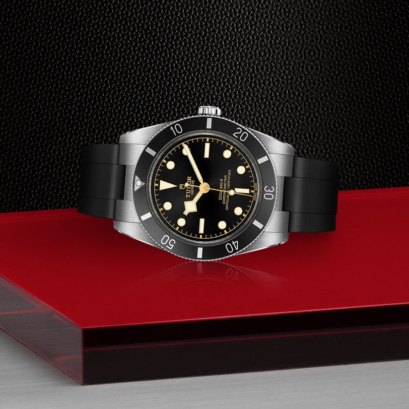 A TUDOR Black Bay 54 dive watch with a stainless steel case, black dial with gold hour markers, and a black rubber strap is displayed on a red and clear platform against a textured black background.