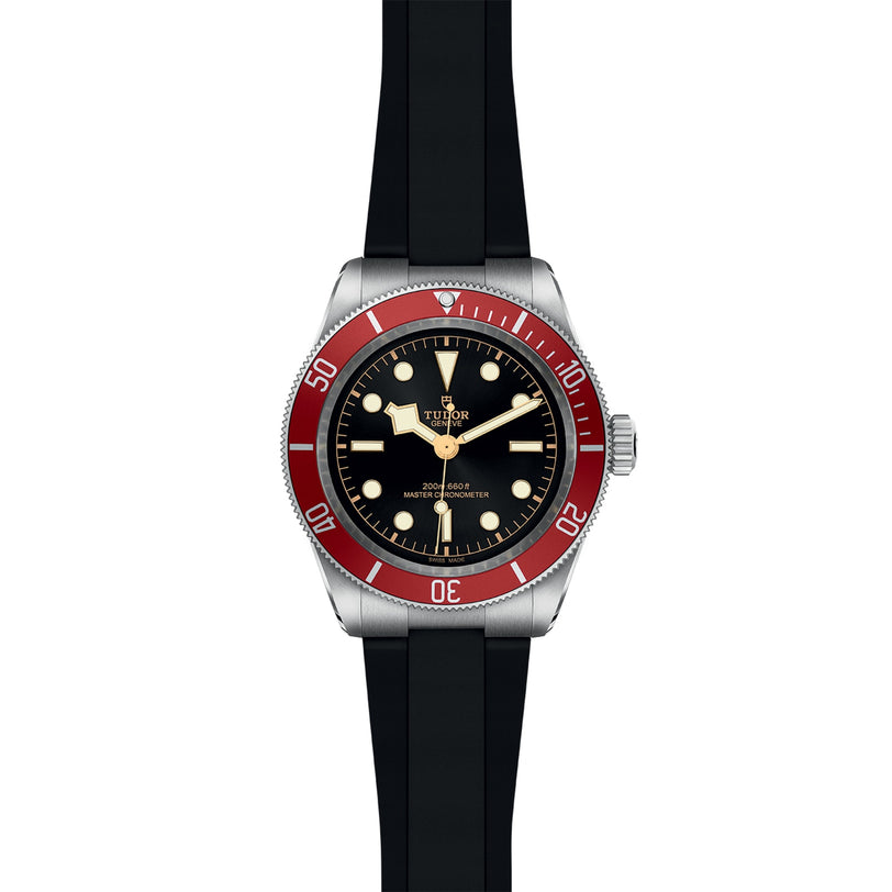 A TUDOR Black Bay wristwatch with a black dial, round hour markers, a burgundy bezel, and a black rubber strap is displayed against a plain background.