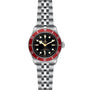The TUDOR Black Bay is a stainless steel wristwatch with a burgundy bezel, black dial with round markers, silver link bracelet, and the Tudor branding visible on the dial.