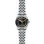 The TUDOR Black Bay 31 is a stainless steel unisex wristwatch with a black dial, round markers, and a five-link bracelet. It features Manufacture Calibres for precision and chic style, displayed against a white background.
