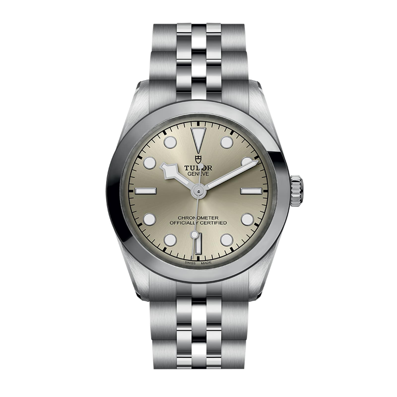 A TUDOR Black Bay One 31 wristwatch with a silver case, light beige dial, and metal link bracelet.