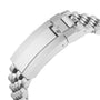 Close-up of the TUDOR Black Bay One 31s stainless steel bracelet with fold-over clasp, featuring polished and brushed finishes, engraved logo, and TUDORs rapid adjustment system.