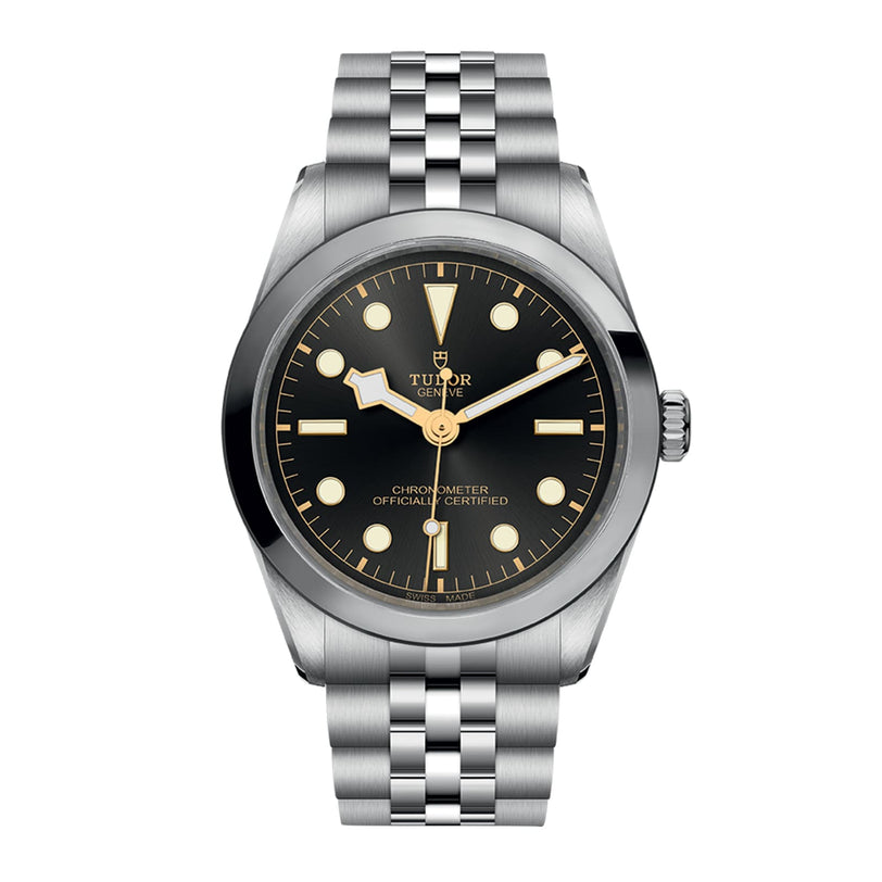 The TUDOR Black Bay One 36 is a stainless steel unisex watch with a black dial, luminous hour markers, five-link bracelet, and chronometer certification, reflecting the technical refinement of the Black Bay collection.