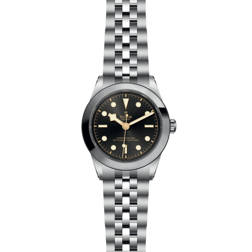 The TUDOR Black Bay One 39 is a silver wristwatch with a black dial, luminescent markers, and a stainless steel bracelet.