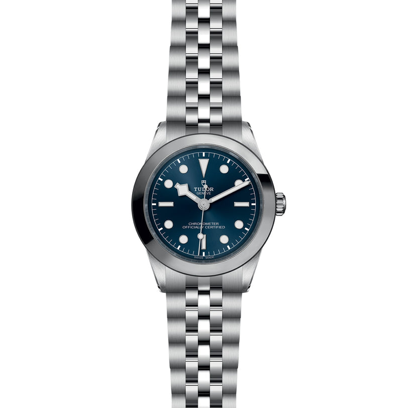 The TUDOR Black Bay One 39 is a unisex stainless steel wristwatch with a blue dial, luminous markers, and a five-link bracelet—blending iconic elegance—shown against a white background.