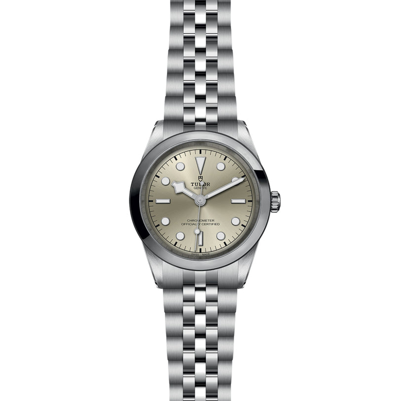 The TUDOR Black Bay One 41 features a stainless steel case, silver dial with round hour markers, and a five-link bracelet, offering chic unisex style against a white background.