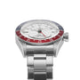 A TUDOR Black Bay GMT wristwatch with a red and blue bezel, opaline dial, and silver bracelet, shown from a low angle.