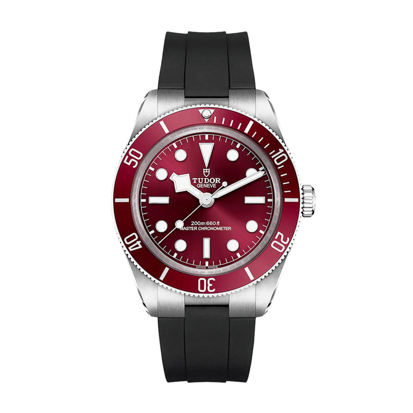 The TUDOR Black Bay 58 is a dive watch featuring a red bezel, black rubber strap, and silver case.