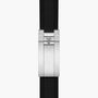 The TUDOR Black Bay 58 features a silver clasp with a brushed metal finish and shield emblem on its black strap, displayed against a white background.