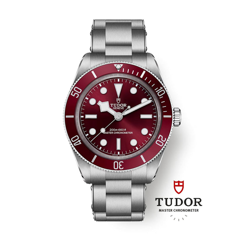 The TUDOR Black Bay 58 wristwatch features a red bezel, stainless steel band, and displays the TUDOR logo with Master Chronometer text.