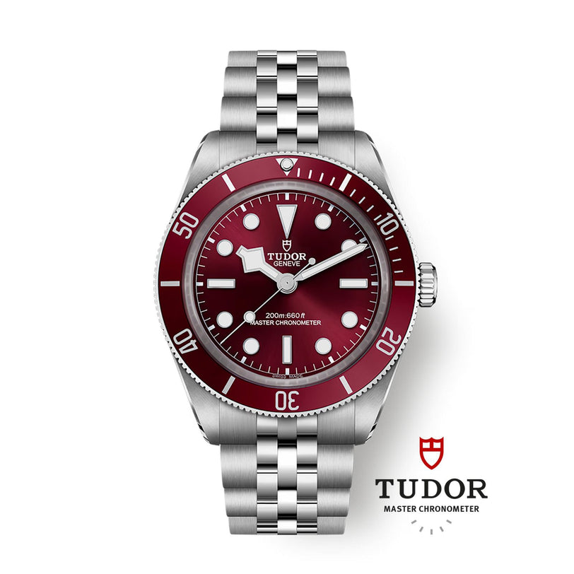 The TUDOR Black Bay 58 features a silver bracelet, a burgundy bezel and dial, and displays the iconic Tudor logo below.