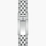 The TUDOR Black Bay 58 features a silver metal watch clasp with a brushed finish and a shield logo, attached to its link bracelet.