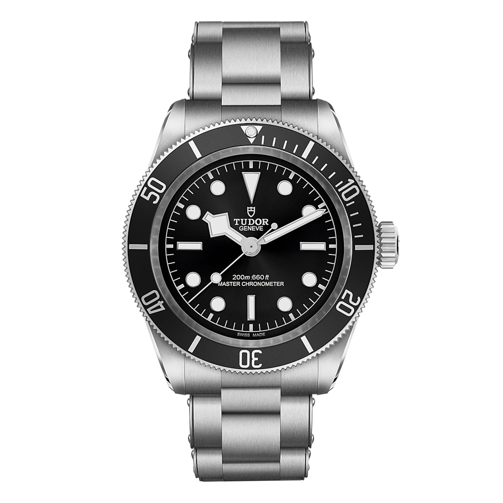 The TUDOR Black Bay, a stainless steel wristwatch with a black dial, white markers, and a rotating bezel, is displayed front-facing on a white background—a standout among diving watches.