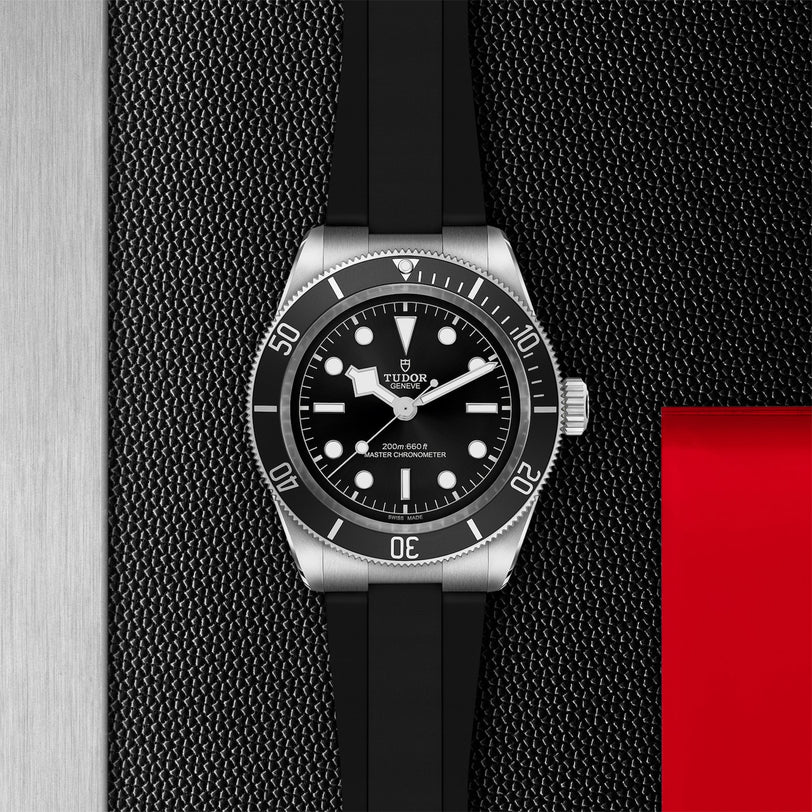 The TUDOR Black Bay dive watch features a black design, rubber strap, and silver and red accents, showcased on a textured black surface.