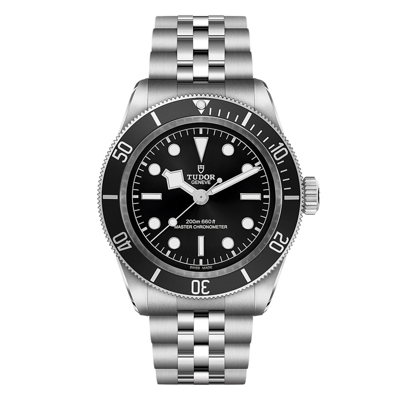 The TUDOR Black Bay is a stainless steel diving watch with a black dial, white markers, and a silver bracelet, shown at 10:10—a timeless classic.
