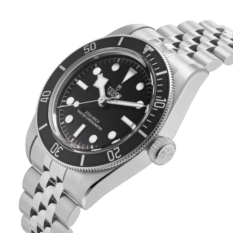 The TUDOR Black Bay, a stainless steel diving watch, features a black bezel and dial with luminous markers, plus a silver metal bracelet—an iconic piece from TUDORs collection, displayed at an angle.