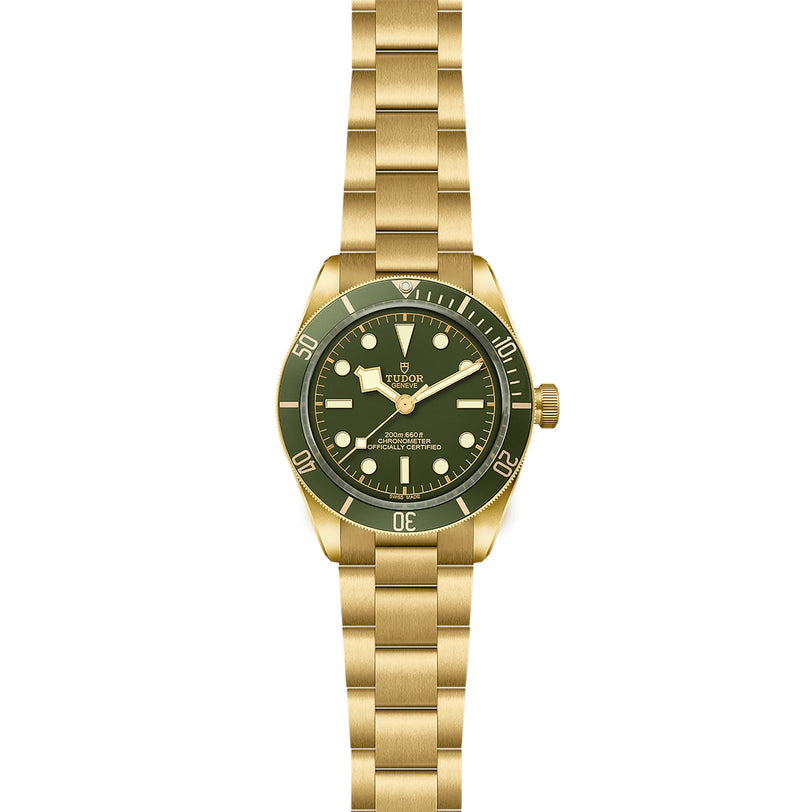 The TUDOR Black Bay 58 18K is a gold dive watch featuring a green bezel and dial, gold hour markers, a metal link bracelet, and the Tudor logo—an elegant tribute to the classic Black Bay 58 style.