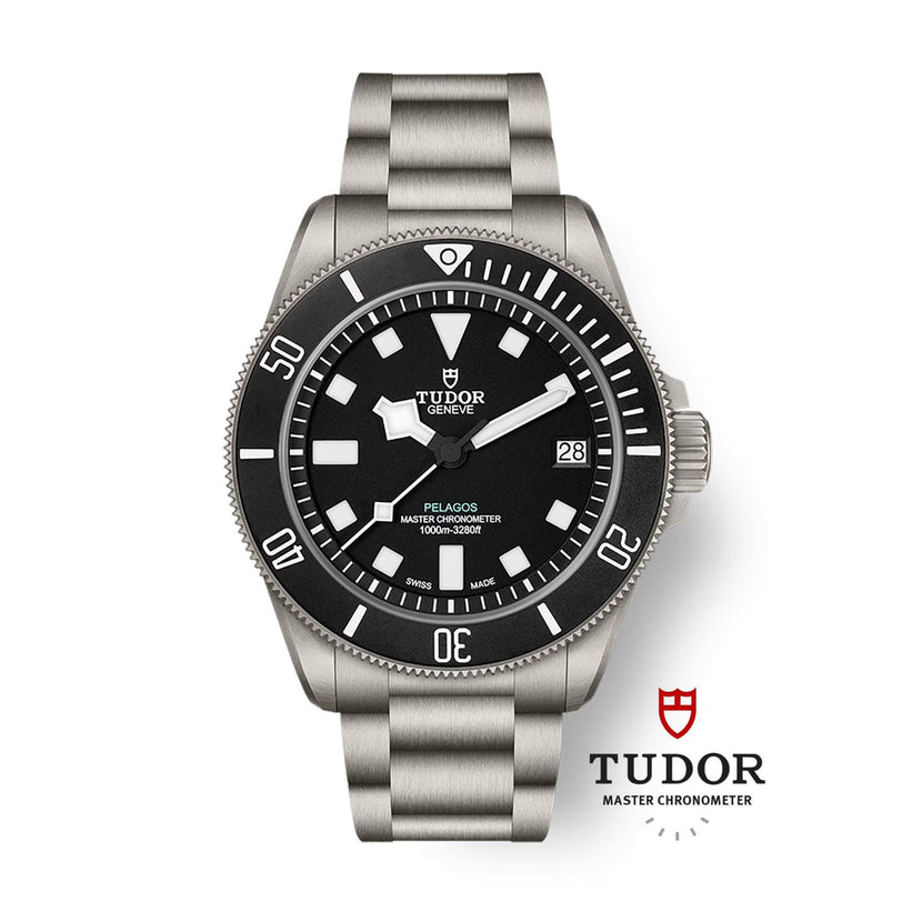 The TUDOR Pelagos Ultra is a dive watch featuring a black dial, silver metal bracelet, and displays the time and date.