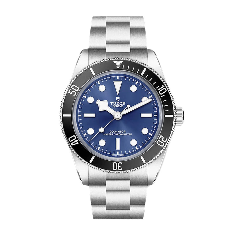 The TUDOR Black Bay 68 is a silver dive watch featuring a blue dial, white hour markers, and a stainless steel bracelet.