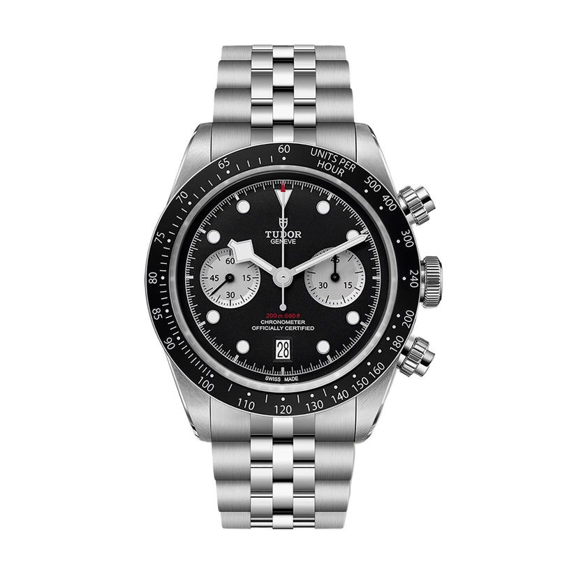 The TUDOR Black Bay Chrono features a stainless steel case, black and white dial, silver bracelet, and date display.
