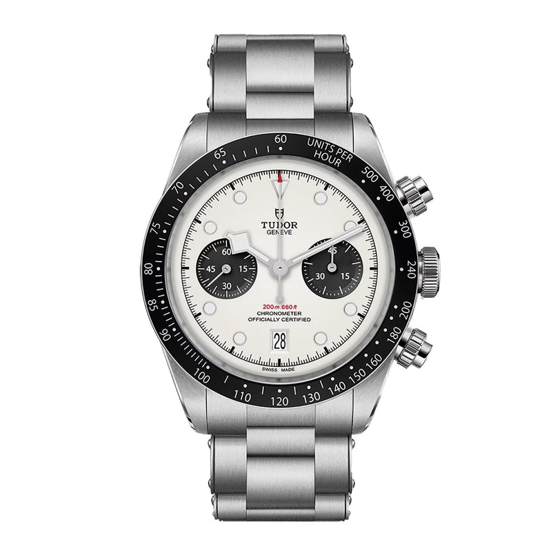 A TUDOR Black Bay Chrono stainless steel watch featuring a white dial with black subdials.